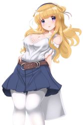 Rule 34 | 1girl, alternate costume, arm behind back, bag, belt, blonde hair, blouse, blue eyes, blue skirt, breasts, cleavage, cowboy shot, double bun, fletcher (kancolle), fletcher mk ii (kancolle), hair bun, hair ornament, hairband, highres, kantai collection, large breasts, long hair, looking at viewer, pantyhose, pleated skirt, redundant-cat, shirt, shopping bag, simple background, skirt, solo, standing, star (symbol), star hair ornament, white background, white pantyhose, white shirt