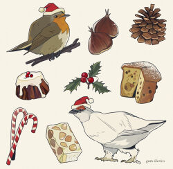 Rule 34 | animal, animal focus, animal request, artist name, bird, candy, candy cane, chestnut, christmas, clothed animal, commentary, english commentary, food, fruitcake, gatoiberico, grey background, hat, highres, mistletoe, no humans, original, pinecone, red headwear, santa hat, simple background