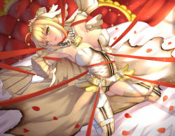 Rule 34 | 10s, 1girl, ahoge, armpits, belt, blonde hair, breasts, cleavage, eyebrows, fate/extra, fate/extra ccc, fate/grand order, fate (series), genkung, green eyes, highres, kneeling, lock, looking at viewer, nero claudius (bride) (fate), nero claudius (bride) (second ascension) (fate), nero claudius (fate), nero claudius (fate) (all), padlock, red ribbon, ribbon, short hair, solo, veil, zipper