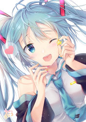 Rule 34 | 1girl, ;d, bare shoulders, blue eyes, blue hair, blue necktie, blush, breasts, collared shirt, commentary request, detached sleeves, dutch angle, fingernails, grey shirt, hair between eyes, hair ornament, hands up, hatsune miku, heart, highres, holding, holding star, long hair, long sleeves, maruma (maruma gic), multicolored nails, nail polish, necktie, one eye closed, open mouth, orange nails, purple nails, shirt, signature, sleeveless, sleeveless shirt, small breasts, smile, solo, spoken heart, star (symbol), tie clip, twintails, vocaloid, wide sleeves