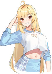 Rule 34 | 1girl, absurdres, ahoge, arm up, blonde hair, blue sleeves, breasts, cleavage cutout, clothing cutout, crop top, crop top overhang, cropped torso, grin, hair ornament, hairclip, heart cutout, highres, jingburger, long hair, long sleeves, looking at viewer, medium breasts, midriff, navel, pinky out, raglan sleeves, red eyes, shirt, simple background, smile, solo, stomach, very long hair, virtual youtuber, waktaverse, white background, white shirt, ziro (zirorong)