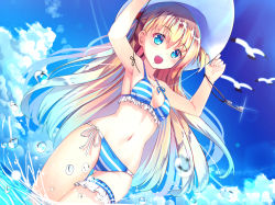 Rule 34 | 1girl, :d, armpits, arms up, bare arms, bikini, bird, blonde hair, blue bikini, blue eyes, blue sky, blue theme, blurry, blush, breasts, bridal garter, cloud, cowboy shot, day, depth of field, dutch angle, eyebrows, fisheye, frilled bikini, frills, glint, gluteal fold, gradient hair, hair between eyes, hair ornament, hair tie, hands on headwear, hands up, hat, key, lens flare, long hair, looking at viewer, medium breasts, motion blur, multicolored hair, navel, ocean, open clothes, open mouth, open shirt, original, outdoors, seagull, shade, shirt, side-tie bikini bottom, sky, small breasts, smile, solo, sparkle, standing, stomach, string, striped bikini, striped clothes, sun hat, sunlight, swimsuit, teeth, thigh gap, two side up, very long hair, wading, water, water drop, yan (nicknikg)
