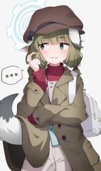Rule 34 | ..., 1girl, animal ears, blue archive, blue halo, blunt bangs, blush, brown hat, coat, commentary request, cowboy shot, facing viewer, green coat, green eyes, green hair, halo, hand up, hat, highres, long sleeves, looking to the side, open clothes, open coat, open mouth, pants, red shirt, shijima (shijima tc), shirt, simple background, solo, spoken ellipsis, tail, twintails, undershirt, white background, white bag, white pants, yakumo (blue archive)