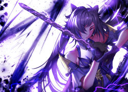 Rule 34 | 1girl, absurdres, bare shoulders, breasts, choker, closed mouth, cone hair bun, dress, fhilippedu, frilled gloves, frills, genshin impact, gloves, hair bun, hair ears, hair over one eye, highres, holding, holding sword, holding weapon, keqing (genshin impact), lightning, long hair, looking at viewer, purple choker, purple dress, purple eyes, purple gloves, purple hair, solo, sword, twintails, weapon, white background