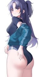 Rule 34 | 1girl, absurdres, ass, blue archive, blue buruma, blue jacket, blush, breasts, buruma, commentary, from behind, gym uniform, highres, jacket, jacket partially removed, long hair, looking at viewer, looking back, medium breasts, official alternate costume, partially unzipped, ponytail, purple eyes, purple hair, shirt, short sleeves, simple background, solo, star sticker, sticker on face, sweat, track jacket, white background, yeonsu l, yuuka (blue archive), yuuka (track) (blue archive)
