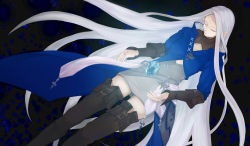 Rule 34 | 1girl, blue nails, boots, closed mouth, crystal, elezen, elf, closed eyes, film grain, final fantasy, final fantasy xiv, fingernails, floating, floating object, glowing, ice, long hair, nail polish, pointy ears, solo, thigh boots, thighhighs, very long hair, white hair, yoshikyuu, ysayle dangoulain
