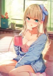 Rule 34 | 1girl, :o, bad id, bad pixiv id, blonde hair, blue bow, blue hairband, blue robe, blush, bow, breasts, camisole, cleavage, commentary, cup, earrings, flower, green eyes, hair bow, hairband, hand up, highres, holding, holding cup, indoors, jewelry, long hair, looking at viewer, medium breasts, mug, necklace, no shoes, open mouth, original, pink legwear, plant, potted plant, red flower, robe, shnva, sidelocks, sitting, socks, solo, spaghetti strap, steam, striped clothes, striped legwear, striped socks, thighs, window, yokozuwari