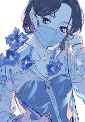 Rule 34 | 1girl, black hair, blue eyes, blue flower, blue theme, collared shirt, flower, hand up, jewelry, looking at viewer, mask, mouth mask, nail polish, original, purple nails, ring, see-through, see-through shirt, shirt, short hair, signature, simple background, solo, see-through shirt, umishima senbon, white background, white mask