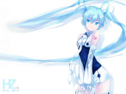 Rule 34 | 1girl, blue eyes, blue hair, detached sleeves, female focus, gloves, hatsune miku, headphones, highres, long hair, matching hair/eyes, nanakusa, necktie, solo, tattoo, twintails, very long hair, vocaloid, white background