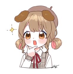 Rule 34 | 1girl, animal ears, beret, blush, brown eyes, brown hair, brown hat, collared shirt, copyright request, cropped torso, dog ears, dress, grey dress, hat, highres, multicolored hair, neck ribbon, open mouth, plaid, plaid dress, red hair, red ribbon, ribbon, sakura chiyo (konachi000), shirt, signature, simple background, sleeveless, sleeveless dress, solo, sparkle, two-tone hair, upper body, v-shaped eyebrows, virtual youtuber, white background, white shirt