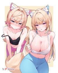 2girls absurdres alternate_costume animal_ear_fluff animal_ears bare_arms black_sports_bra blonde_hair blue_eyes blue_hair blue_pants blush border breasts cleavage closed_mouth commentary crossed_bangs dog_ears dog_girl dog_tail double-parted_bangs english_commentary fuwawa_abyssgard hair_between_eyes hair_intakes highres hololive hololive_english large_breasts long_hair looking_at_viewer midriff mococo_abyssgard multicolored_hair multiple_girls namiorii navel open_mouth pants parted_lips pink_eyes pink_hair short_hair siblings simple_background sisters sports_bra strap_slip streaked_hair sweat tail twins virtual_youtuber white_border white_sports_bra yoga_pants