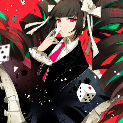 Rule 34 | 10s, 1girl, black hair, bonnet, card, celestia ludenberg, claw ring, danganronpa: trigger happy havoc, danganronpa (series), dice, drill hair, gothic lolita, lolita fashion, long hair, necktie, playing card, red background, red eyes, solo, twin drills, twintails, zxs1103