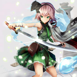 Rule 34 | 1girl, adapted costume, bandages, belt pouch, buckle, cape, cowboy shot, expressionless, fighting stance, ghost, green eyes, hair between eyes, hairband, highres, holding, holding sword, holding weapon, houdukixx, katana, konpaku youmu, konpaku youmu (ghost), looking at viewer, necktie, outstretched arm, pouch, sheath, short hair, silver hair, skirt, skirt set, sleeveless, solo, stone lantern, sword, touhou, tsurime, unsheathing, weapon