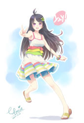 Rule 34 | 1girl, :d, ahoge, artist name, bad id, bad pixiv id, bare shoulders, black hair, blush, dated, dress, efmoe, english text, frills, hair ornament, heart, highres, long hair, multicolored stripes, open mouth, original, outstretched arm, pink eyes, sandals, smile, solo, striped, v