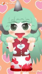 Rule 34 | 1girl, blush, dancing, green eyes, green hair, heart, highres, horns, kariyushi shirt, komainu, komano aunn, kouki ht, long hair, open mouth, red shirt, shirt, short sleeves, shorts, single horn, smile, solo, tongue, tongue out, touhou, white shorts