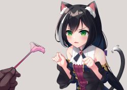 Rule 34 | 1girl, 1other, afterimage, animal ear fluff, animal ears, bad id, bad pixiv id, bare shoulders, black hair, black sleeves, blush, bow, breasts, cat ears, cat girl, cat tail, cat teaser, commentary request, detached sleeves, fang, green eyes, grey background, hair between eyes, hair bow, hands up, holding, karyl (princess connect!), long hair, long sleeves, low twintails, motion lines, multicolored hair, open mouth, princess connect!, purple bow, shirt, simple background, sleeveless, sleeveless shirt, small breasts, streaked hair, tail, tamariyazuna, twintails, v-shaped eyebrows, very long hair, white hair, white shirt, wide sleeves
