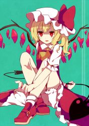 Rule 34 | 1girl, ascot, bad id, bad pixiv id, blonde hair, bloomers, flandre scarlet, hat, hat ribbon, laevatein, mob cap, nail polish, open mouth, pink nails, red eyes, ribbon, shirt, short sleeves, side ponytail, sitting, solo, tamagogayu1998, touhou, underwear, wings