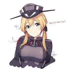 Rule 34 | 1girl, ?, anchor hair ornament, azumi akitake, blonde hair, cross, german text, green eyes, hair ornament, hat, highres, iron cross, kantai collection, looking at viewer, military, military hat, military uniform, peaked cap, prinz eugen (kancolle), simple background, solo, translated, twintails, uniform, upper body, white background