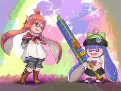 Rule 34 | 10s, 2girls, andou kokoa, beanie, crossover, domino mask, dragon quest, dragon quest x, fang, final fantasy, final fantasy xiv, fusion, grin, hat, inkling, inkling girl, inkling player character, lalafell, looking at viewer, mask, multiple girls, nintendo, paint roller, pointy ears, puklipo, purple eyes, skirt, smile, splat roller (splatoon), splatoon (series), squid girl, tentacle hair, tentacles