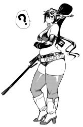 Rule 34 | 1girl, bad id, bad pixiv id, belly, belt, blush, boots, bra, breasts, cosplay, elbow gloves, gloves, greyscale, gun, high heel boots, high heels, highres, kantai collection, large breasts, monochrome, nagato (kancolle), plump, ponytail, rifle, sniper rifle, solo, synecdoche, tengen toppa gurren lagann, thick thighs, thighhighs, thighs, underwear, weapon, yoko littner, yoko littner (cosplay)