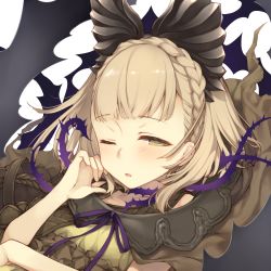 Rule 34 | 1girl, blonde hair, blush, braid, briar rose (sinoalice), hair ornament, highres, looking at viewer, one eye closed, open mouth, ribbon, short hair, sinoalice, solo, teroru, thorns, tired, yellow eyes