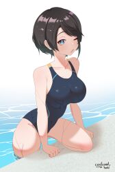Rule 34 | 1girl, absurdres, artist name, black hair, black one-piece swimsuit, blue eyes, breasts, chestnut mouth, competition swimsuit, hakimen, highres, hololive, large breasts, looking at viewer, multicolored clothes, multicolored swimsuit, one-piece swimsuit, one eye closed, oozora subaru, poolside, short hair, simple background, solo, swept bangs, swimsuit, virtual youtuber, water, white background