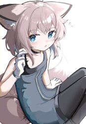 Rule 34 | 1girl, :o, absurdres, ahoge, animal ear fluff, animal ears, arknights, black choker, black pantyhose, blue dress, blue eyes, brown hair, choker, dress, feet out of frame, flying sweatdrops, fox ears, fox girl, fox tail, gloves, hand up, highres, knees up, looking at viewer, pantyhose, parted lips, simple background, solo, spam (spamham4506), sussurro (arknights), sweat, tail, white background, white gloves
