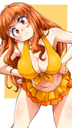 Rule 34 | 1girl, aono3, bikini, bikini skirt, border, breasts, cleavage, closed mouth, commentary request, cowboy shot, front-tie bikini top, front-tie top, frown, girls und panzer, halterneck, hands on own hips, head tilt, highres, large breasts, leaning forward, long hair, looking at viewer, navel, orange background, orange eyes, orange hair, outside border, solo, standing, swimsuit, takebe saori, white border, yellow bikini
