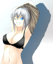 Rule 34 | 1girl, armpits, arms up, bad id, bad pixiv id, blue eyes, bra, breasts, cleavage, clothes lift, grin, kiryuu sayane, large breasts, lingerie, looking at viewer, navel, one eye closed, onibi (foxhound4185), original, shirt lift, silver hair, smile, solo, underwear, undressing, wink