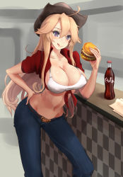 Rule 34 | 10s, 1girl, alternate costume, blonde hair, blue eyes, bottle, brand name imitation, breasts, burger, cleavage, coca-cola, counter, cowboy hat, denim, food, front-tie top, haruto (harut n), hat, highres, iowa (kancolle), jeans, kantai collection, large breasts, navel, pants, solo, standing, star-shaped pupils, star (symbol), symbol-shaped pupils, united states