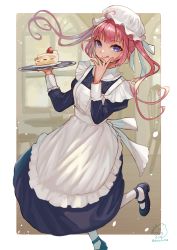 Rule 34 | 1girl, absurdres, apron, black dress, blurry, blurry background, dress, highres, long sleeves, looking at viewer, maid, maid apron, maid headdress, mary janes, original, pinafore dress, pink hair, purple eyes, sangatsu (mitsuki358), shoes, signature, sleeveless dress, solo, standing, standing on one leg, tongue, tongue out, twintails, waitress, white legwear