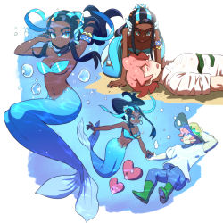 Rule 34 | 1boy, 1girl, air bubble, all fours, armlet, bad id, bad twitter id, black hair, blue eyes, blue eyeshadow, blue hair, blue nails, blue pants, boots, breasts, bubble, closed mouth, commentary request, creatures (company), dark-skinned female, dark skin, dede (qwea 00000), earrings, eyeshadow, game freak, gen 3 pokemon, green footwear, gym leader, hair bun, hand on headwear, hat, holding hands, hoop earrings, jewelry, korean commentary, long hair, looking at viewer, luvdisc, makeup, mermaid, milo (pokemon), monster girl, multicolored hair, multiple views, nail polish, navel, necklace, nessa (pokemon), nintendo, open mouth, pants, pink hair, pokemon, pokemon (creature), pokemon swsh, sand, shirt, short hair, short sleeves, single hair bun, smile, sweatdrop, swimming, t-shirt, two-tone hair, underwater, white shirt