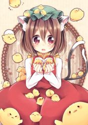 Rule 34 | &gt; &lt;, 1girl, animal, animal ears, animal on head, animal on lap, bird, blush, brown hair, cat ears, cat tail, chen, chick, closed eyes, earrings, eggshell, flying sweatdrops, green hat, hat, heart, heart-shaped pupils, jewelry, long sleeves, meme, mitoki 6x6, mob cap, multiple tails, nekomata, o o, on head, on lap, open mouth, short hair, single earring, solo, symbol-shaped pupils, tail, too many, too many birds, too many chicks, touhou, two tails, wavy mouth