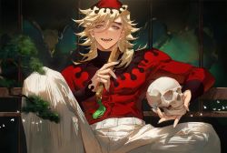 Rule 34 | 1boy, absurdres, bird, blonde hair, blue nails, bonsai, douma (kimetsu no yaiba), eyelashes, fangs, feet out of frame, fingernails, folding fan, folding screen, hair between eyes, hand fan, highres, holding, holding fan, holding skull, indoors, kimetsu no yaiba, knee up, long fingernails, long hair, long sleeves, looking at viewer, male focus, minimized, multicolored eyes, multicolored hair, nail polish, pants, print hair, rainbow eyes, red shirt, shirt, sitting, skull, sleeves past wrists, smile, solo, streaked hair, tassel, text in eyes, tight clothes, tight shirt, toned, toned male, ttyttytty, turtleneck, white pants