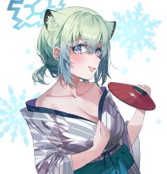 Rule 34 | 1girl, absurdres, animal ears, bath yukata, blue archive, blue halo, blush, breasts, cleavage, collarbone, geuyeon, green hair, halo, hand fan, highres, holding, holding fan, japanese clothes, kimono, large breasts, obi, official alternate costume, open mouth, paper fan, pink eyes, sash, shigure (blue archive), shigure (hot spring) (blue archive), short hair, smile, solo, uchiwa, upper body, weasel ears, white kimono, yukata