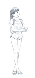 Rule 34 | 1girl, backpack, bag, cellphone, monochrome, original, phone, ponytail, sandals, shorts, sketch, smartphone, solo, traditional media, yoshitomi akihito