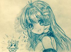 Rule 34 | &gt;:), 1girl, ^^^, antenna hair, blush, breasts, closed mouth, commentary request, detached sleeves, efukei, frog hair ornament, hair ornament, hair tubes, highres, kochiya sanae, long hair, looking at viewer, medium breasts, monochrome, open mouth, sidelocks, smile, solid circle eyes, touhou, traditional media, v-shaped eyebrows