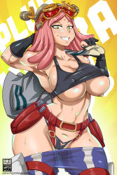 Rule 34 | 1girl, armpits, artist name, bayeuxman, boku no hero academia, breasts, cleavage, cleft of venus, collarbone, curvy, gloves, goggles, goggles on head, hatsume mei, highres, large breasts, looking at viewer, medium hair, pink hair, shiny skin, smile, solo, symbol-shaped pupils, tank top, thick thighs, thigh strap, thighs, thong, unusual pupils, wide hips, yellow eyes