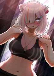 Rule 34 | 1girl, :d, adjusting clothes, alternate hairstyle, animal ears, bare shoulders, black nails, blonde hair, blue eyes, blue hair, blush, breasts, closed mouth, collarbone, dog tags, hair ornament, hairclip, highres, hololive, kajimakoto, large breasts, looking at viewer, midriff, multicolored hair, nail polish, naughty face, navel, official alternate costume, open mouth, pink hair, shishiro botan, short hair, silver hair, smile, solo, sports bra, tongue, tongue out, upper body, virtual youtuber