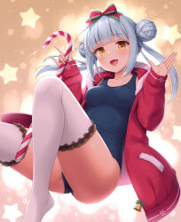 Rule 34 | 1girl, bell, candy, candy cane, christmas, coat, crotch, double bun, food, hair bun, hair ribbon, highres, jacket, long hair, one-piece swimsuit, open mouth, original, ribbon, sasaame, school swimsuit, solo, star (symbol), swimsuit, swimsuit under clothes, thighhighs, white hair, white thighhighs, yellow eyes