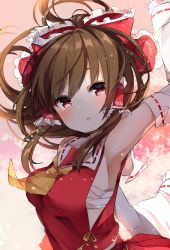 Rule 34 | 1girl, arm up, armpits, ascot, bare shoulders, blush, bow, breasts, brown hair, commentary request, detached sleeves, frilled bow, frills, gradient background, hair bow, hair tubes, hakurei reimu, highres, karasusou nano, light particles, long hair, long sleeves, looking at viewer, medium breasts, parted lips, pink background, red bow, red eyes, red skirt, ribbon-trimmed sleeves, ribbon trim, sarashi, sidelocks, skirt, skirt set, solo, touhou, upper body, wide sleeves, yellow ascot