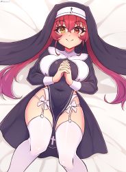 Rule 34 | 1girl, alternate costume, bebatch, bed sheet, breasts, closed mouth, covered navel, garter belt, habit, heterochromia, highres, hololive, hololive fantasy, houshou marine, houshou marine (nun), interlocked fingers, long hair, long sleeves, looking at viewer, lying, nun, on back, on bed, own hands clasped, own hands together, panties, pelvic curtain, red eyes, red hair, side slit, smile, solo, thighhighs, underwear, virtual youtuber, white garter belt, white panties, white thighhighs, yellow eyes
