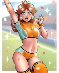 Rule 34 | 1girl, absurdres, arm up, artist name, blue eyes, blurry, blurry background, border, breasts, brown hair, buruma, commentary, confetti, crop top, crown, dangerousbride, earrings, english commentary, field, gloves, highres, jewelry, lips, looking at viewer, mario (series), medium breasts, midriff, navel, nintendo, official alternate costume, open mouth, outdoors, outstretched arm, princess daisy, short sleeves, smile, soccer field, soccer uniform, solo, sparkle, sportswear, stadium, stomach, super mario strikers, sweat, thick thighs, thighhighs, thighs, uniform, white border