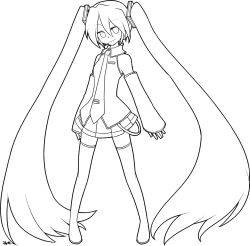 Rule 34 | 1girl, absurdly long hair, detached sleeves, fukumitsu (kirarirorustar), full body, greyscale, hatsune miku, highres, lineart, long hair, looking at viewer, monochrome, necktie, skirt, smile, solo, thighhighs, transparent background, twintails, very long hair, vocaloid