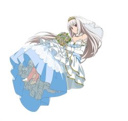 Rule 34 | 1girl, bouquet, breasts, bridal veil, character request, choker, cleavage, collarbone, diadem, dress, elbow gloves, floating hair, flower, full body, gloves, high heels, holding, holding bouquet, long hair, medium breasts, red eyes, silver hair, simple background, sleeveless, sleeveless dress, smile, solo, strapless, strapless dress, sword art online, veil, very long hair, wedding dress, white background, white dress, white flower, white gloves