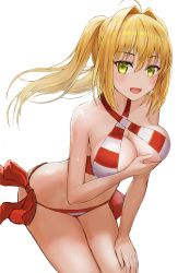 Rule 34 | 1girl, :d, absurdres, ahoge, bare arms, bare shoulders, bikini, blonde hair, blush, breast hold, breasts, cleavage, collarbone, commentary request, cowboy shot, criss-cross halter, fate/grand order, fate (series), green eyes, hair between eyes, hair intakes, halterneck, hand on own thigh, highres, hoshibudou, large breasts, leaning forward, long hair, looking at viewer, nero claudius (fate), nero claudius (fate) (all), nero claudius (swimsuit caster) (fate), open mouth, red bikini, red ribbon, ribbon, side-tie bikini bottom, simple background, smile, solo, striped bikini, striped clothes, swimsuit, twintails, white background