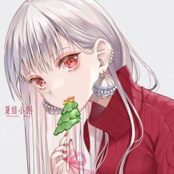 Rule 34 | 1girl, artist name, candy, earrings, eating, eyeliner, food, jewelry, lollipop, long hair, looking at viewer, makeup, nail polish, natsume koji, original, pink lips, red eyes, red nails, red sweater, ribbed sweater, silver hair, smile, solo, sweater, turtleneck, turtleneck sweater