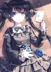 Rule 34 | 1girl, black dress, black hair, blue eyes, blue flower, blue rose, closed mouth, commentary, dress, envelope, flower, hair between eyes, holding, holding envelope, light frown, long hair, long sleeves, looking at viewer, lying, mechuragi, on back, original, petals, plaid, rose, sleeves past wrists, solo, twintails, very long hair