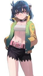 Rule 34 | 1girl, absurdres, belt, belt buckle, black hair, black shorts, blush, breasts, buckle, closed mouth, collarbone, earrings, green jacket, hair between eyes, hair ornament, hands in pockets, highres, jacket, jewelry, ji-yoon (jourd4n), jourd4n, long sleeves, looking at viewer, navel, open clothes, open jacket, original, pink belt, red eyes, sarashi, short shorts, shorts, simple background, skull hair ornament, small breasts, solo, standing, twintails, white background