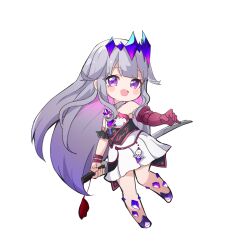 Rule 34 | 1girl, :d, absurdres, ame., bare shoulders, blush stickers, breasts, chibi, commentary, dress, full body, gloves, grey hair, highres, holding, holding sword, holding weapon, hololive, hololive english, katana, koseki bijou, koseki bijou (1st costume), long hair, looking at viewer, open mouth, pink hair, pleated dress, purple eyes, purple footwear, purple hair, red gloves, simple background, single glove, small breasts, smile, solo, strapless, strapless dress, sword, very long hair, virtual youtuber, weapon, white background, white dress